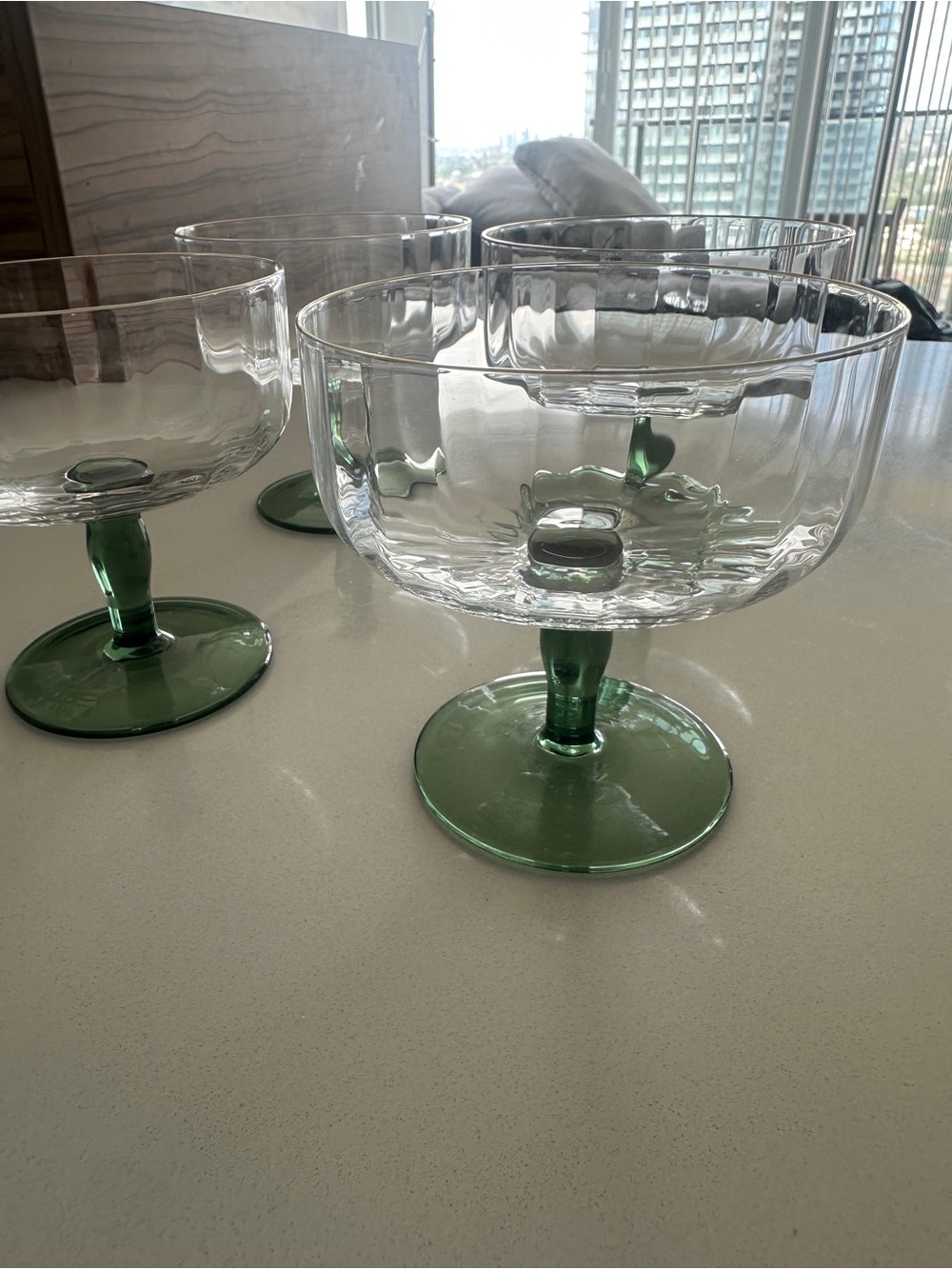 Clear Glass Dessert Coupes with Green Stems and gold rim- Set of 4